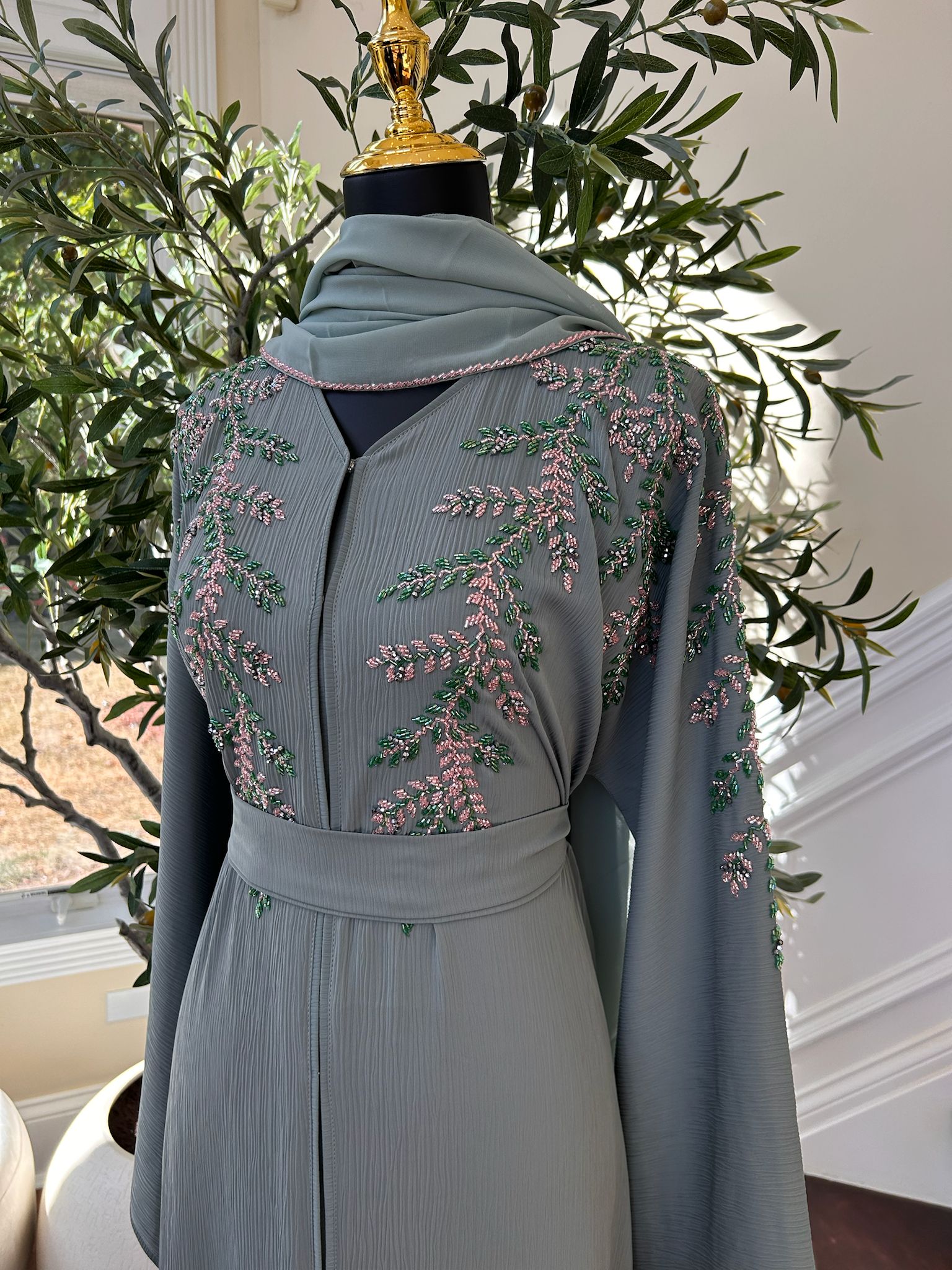 Mint Green Elegance Beaded Charm Abaya
