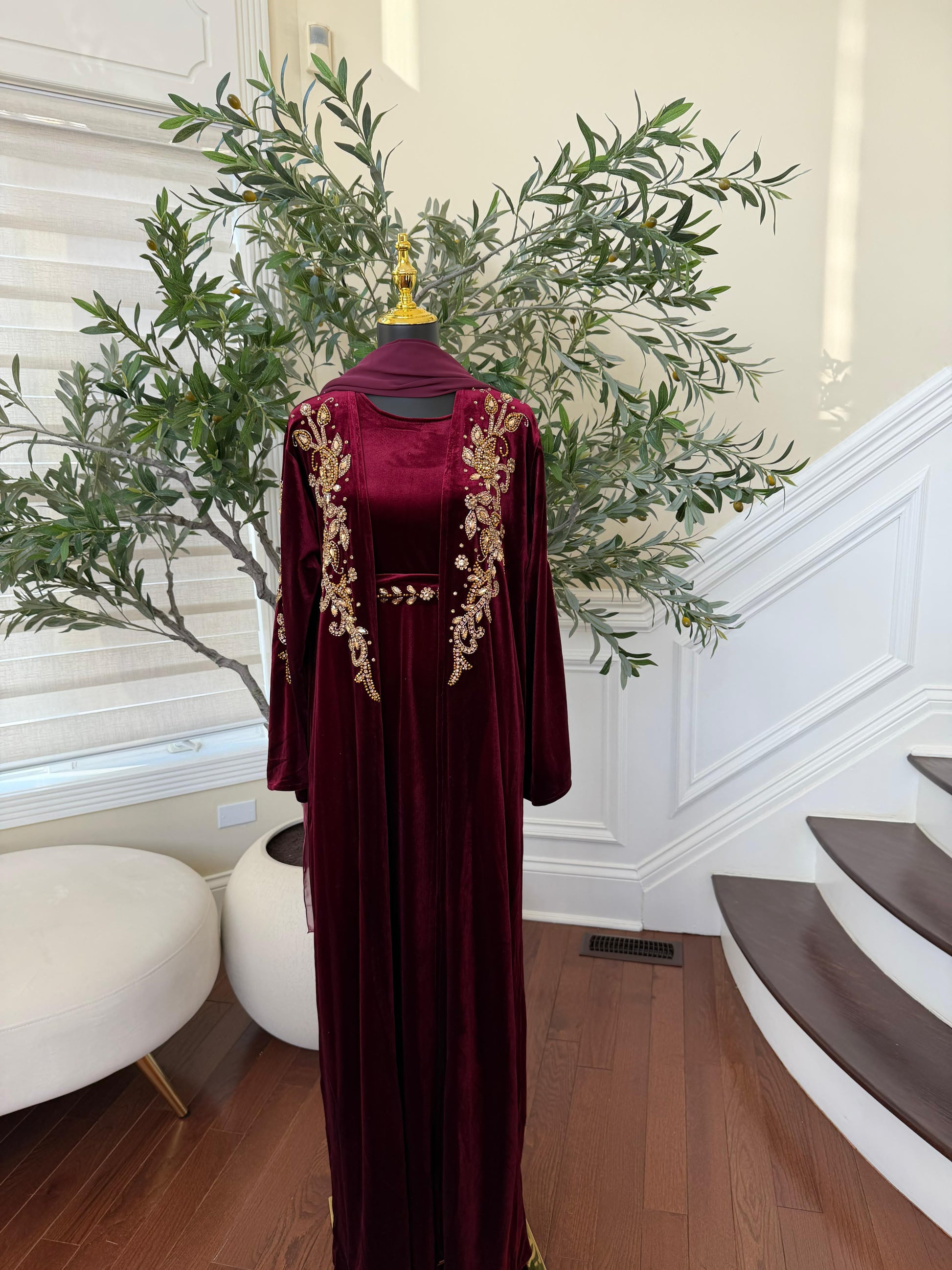 Velvet Red Crystal Beaded Two Peice Abaya