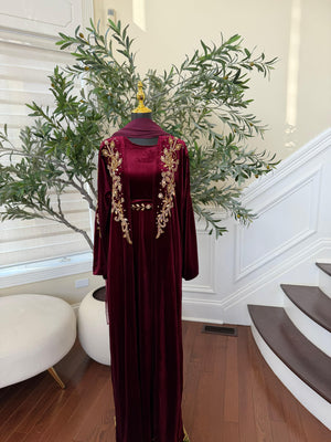 Velvet Red Crystal Beaded Two Peice Abaya