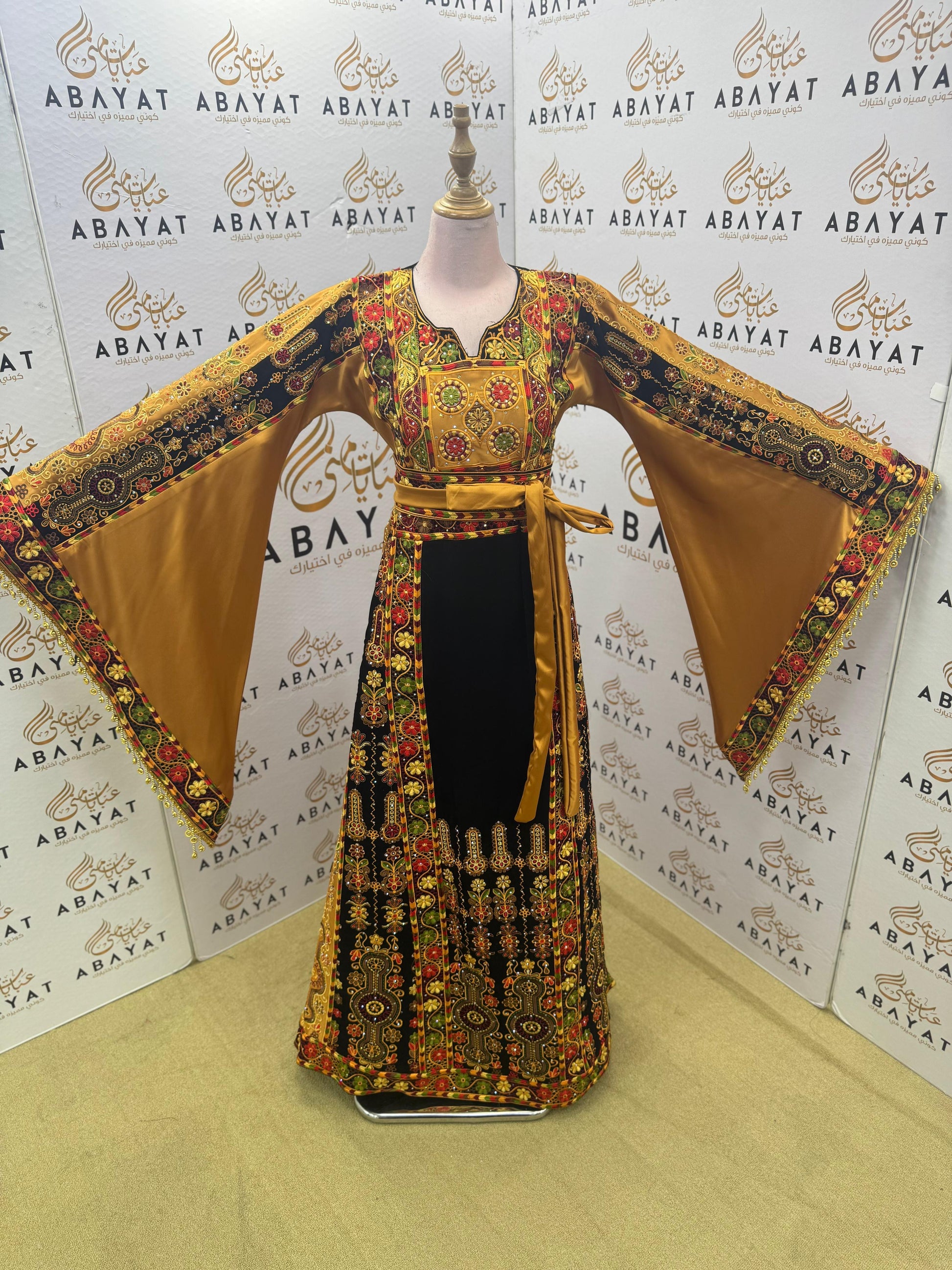 Traditional Palestinian Embroidered Thobe – Black & Gold Heritage Dress