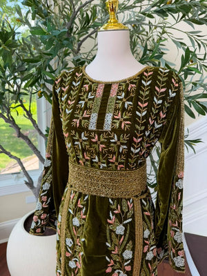 Velvet Olive Green Beaded Stone Thobe