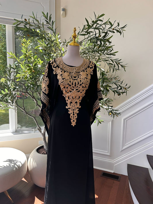 Luxury Black & Gold Embroidered Kaftan Gown