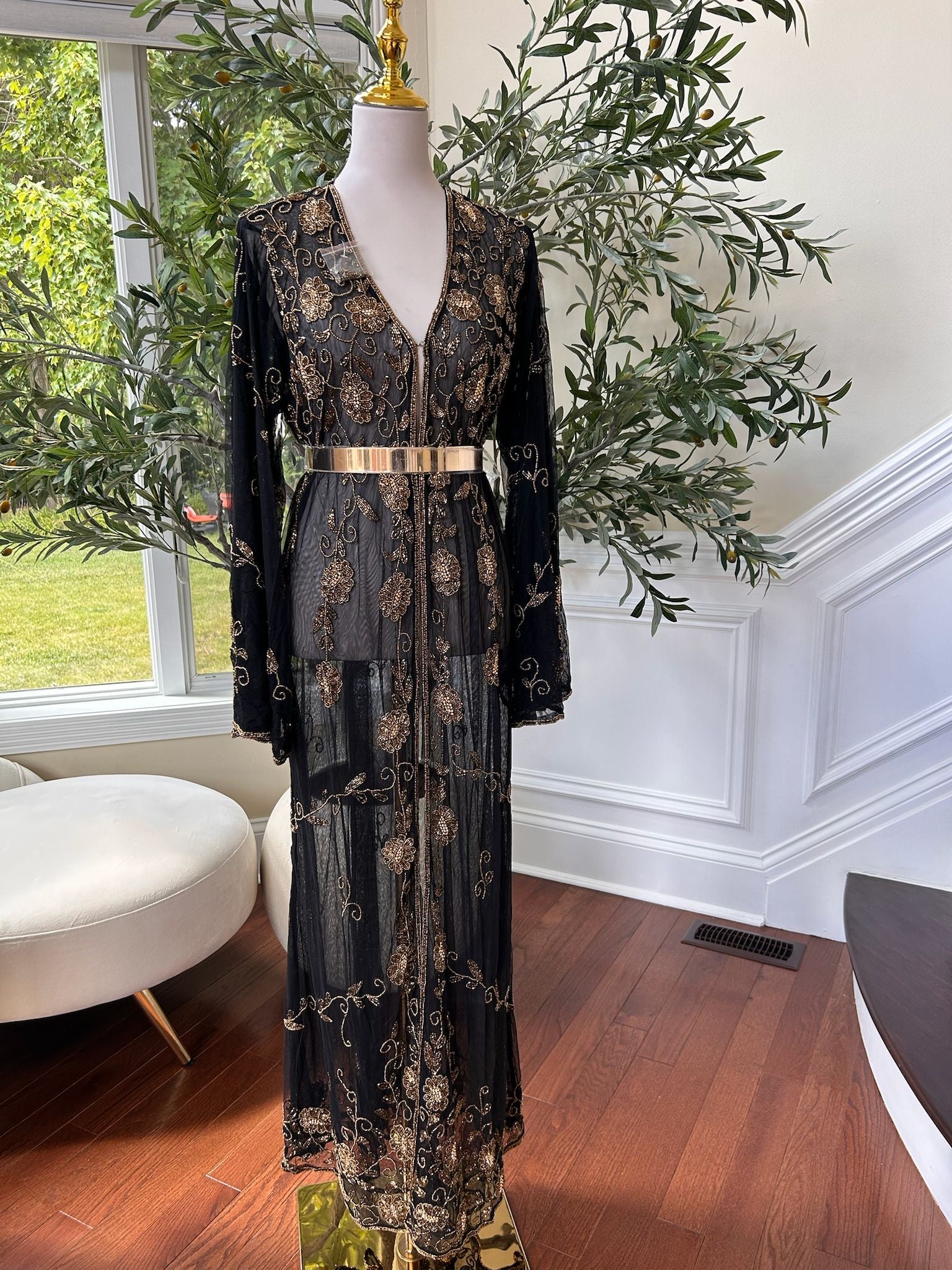 Golden Floral Beaded Stone Black Cardigan Abaya