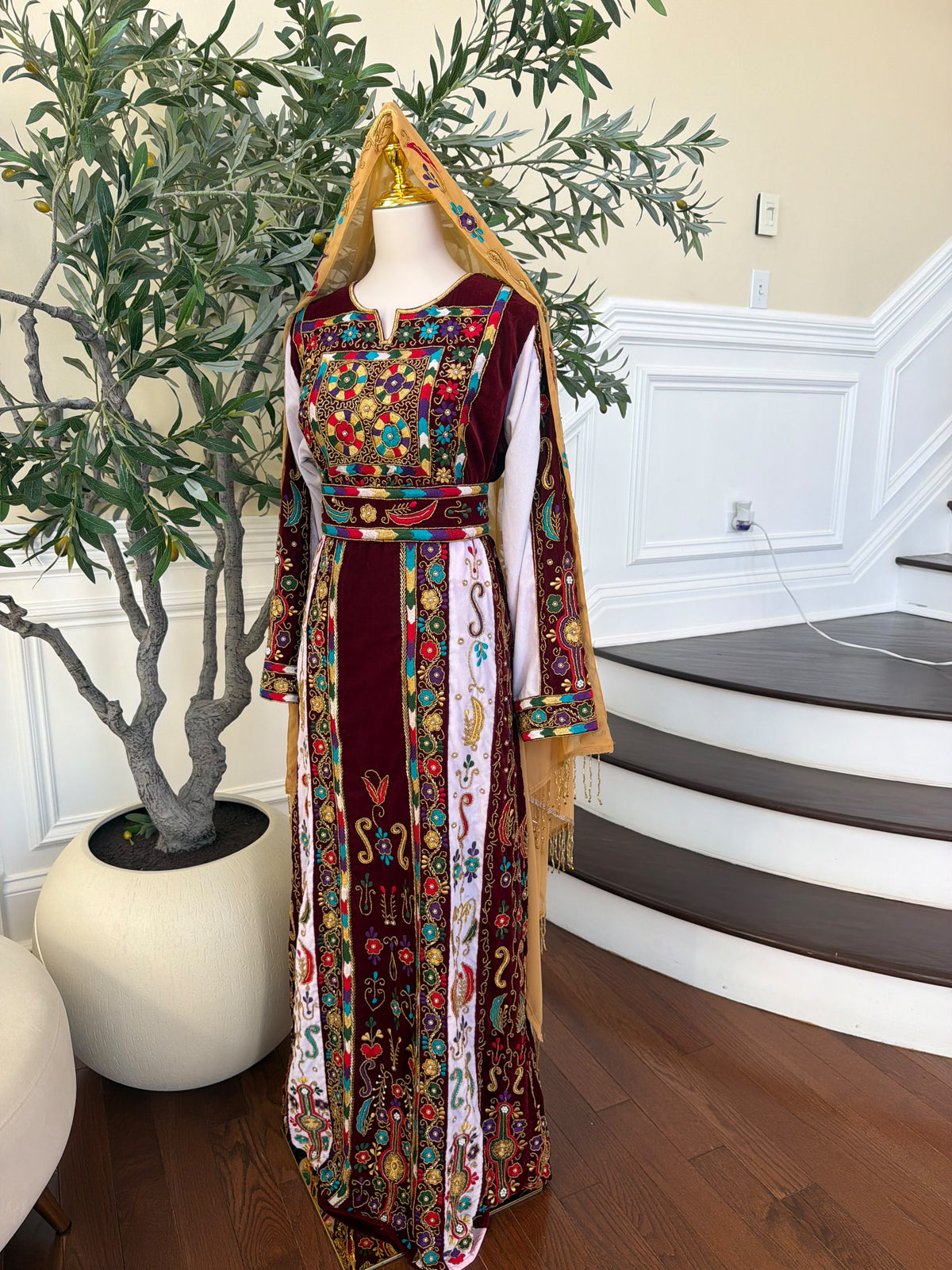 Elegant Burgundy Velvet Thobe with Colorful Embroidery and Matching Skirt included (scarf not included)