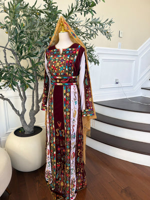 Elegant Burgundy Velvet Thobe with Colorful Embroidery and Matching Skirt included (scarf not included)
