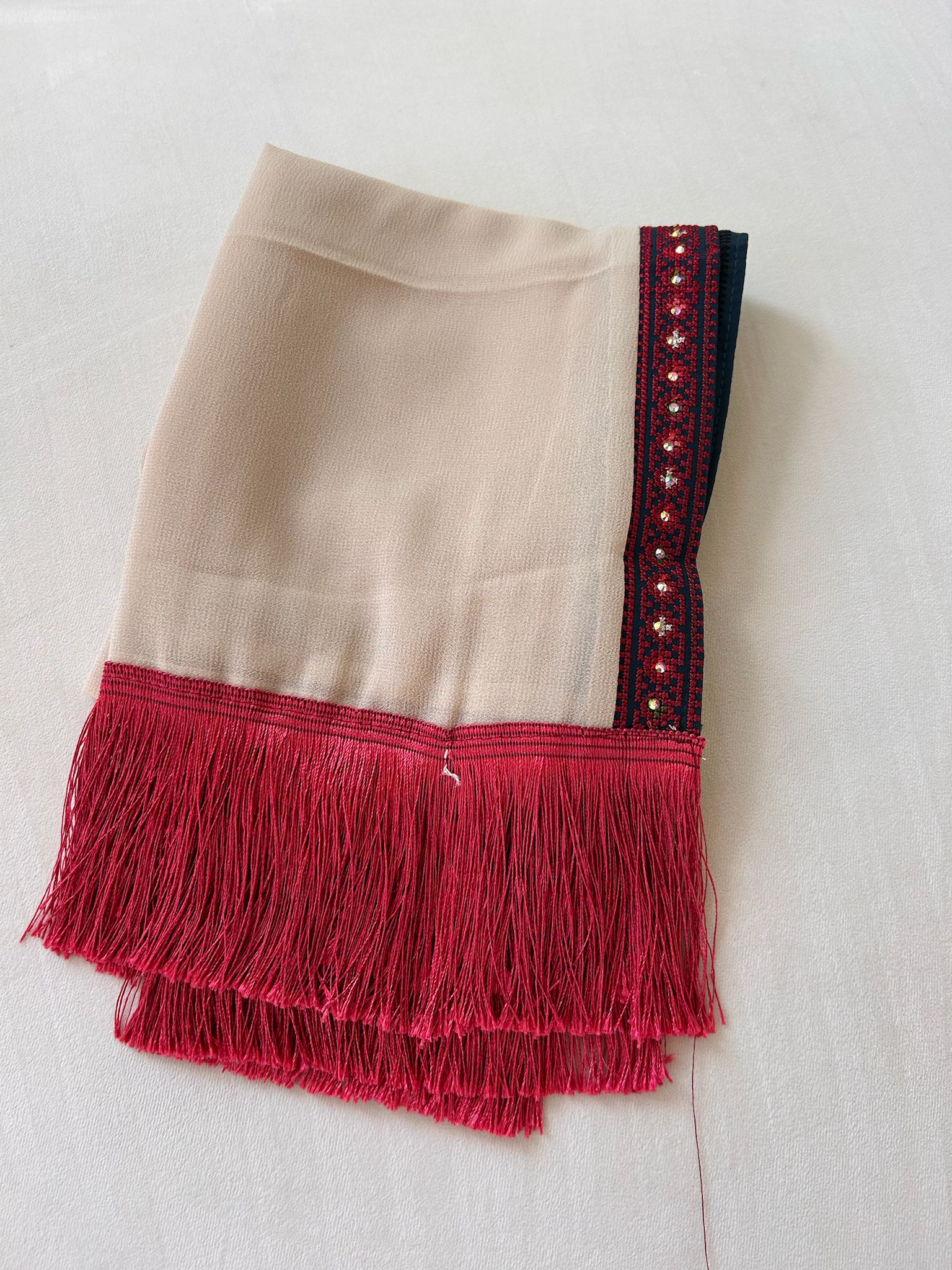 Cream/ Red Tatreez Embroidery Emerald Khirka Shal Mandil