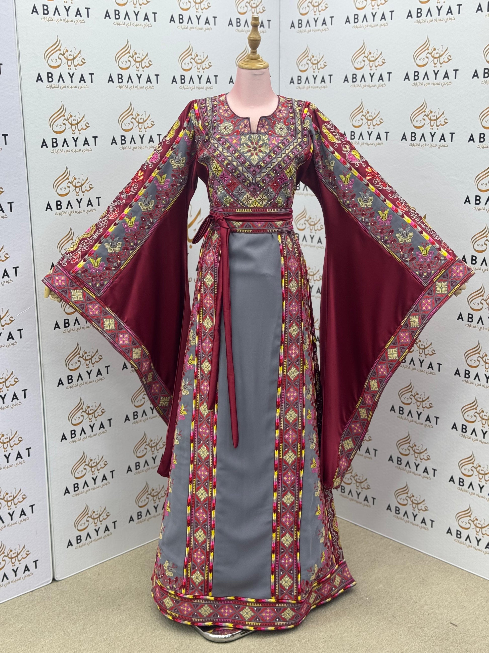 Maroon & Gray Palestinian Embroidered Thobe – Traditional Tatreez Maxi Dress A09042025