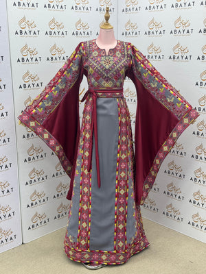 Maroon & Gray Palestinian Embroidered Thobe – Traditional Tatreez Maxi Dress A09042025