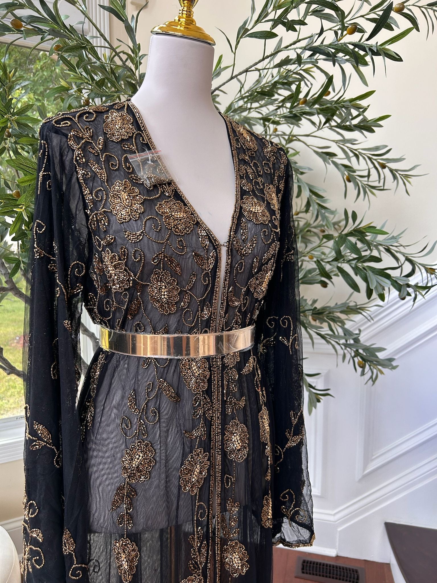 Golden Floral Beaded Stone Black Cardigan Abaya