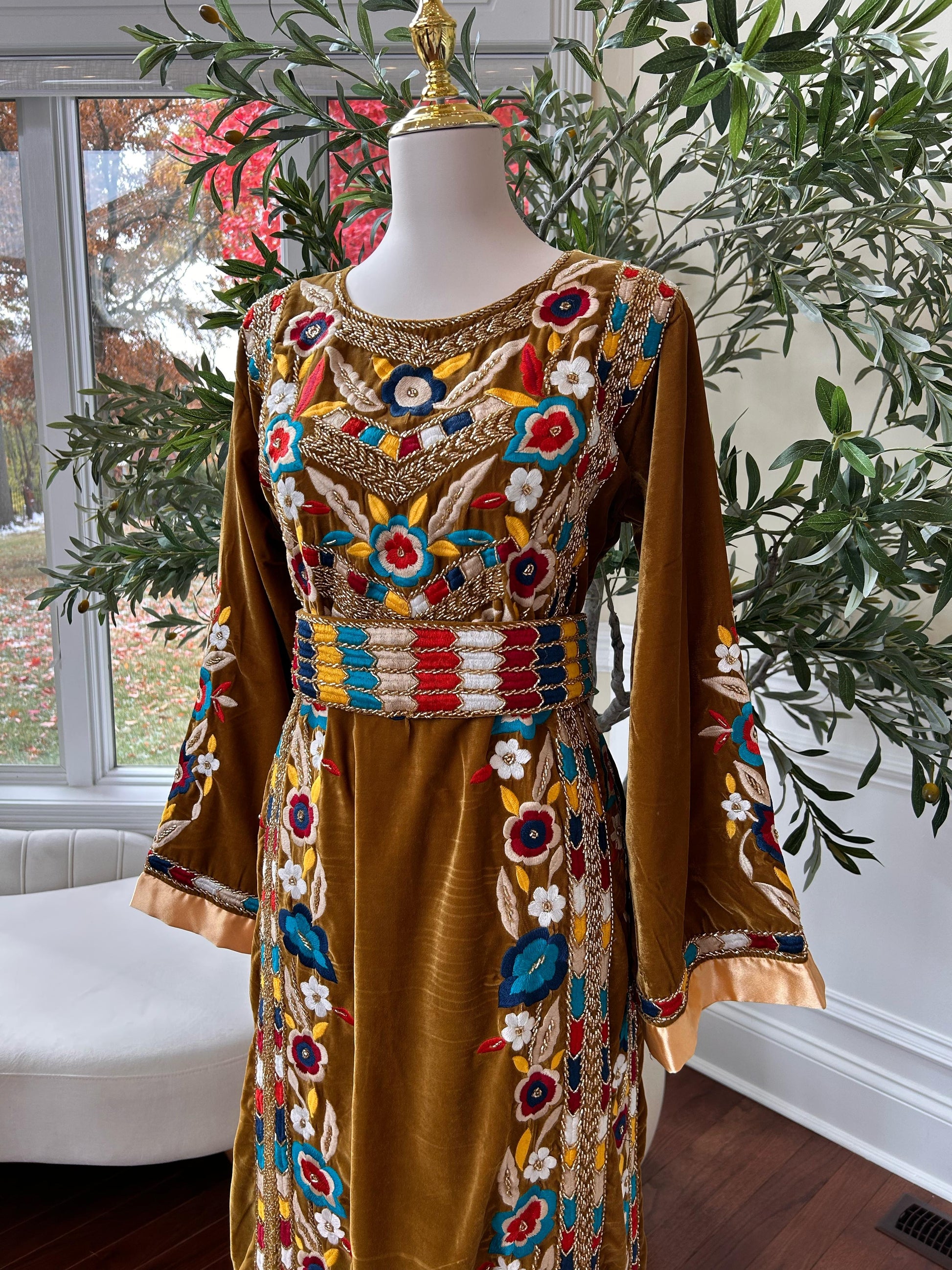 Golden Mustard Velvet Beaded Stone Thobe