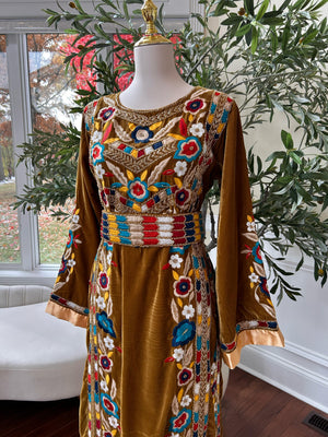 Golden Mustard Velvet Beaded Stone Thobe