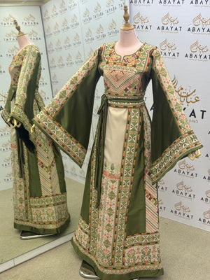Classic Olive & Cream Traditional Embroidery Thobe