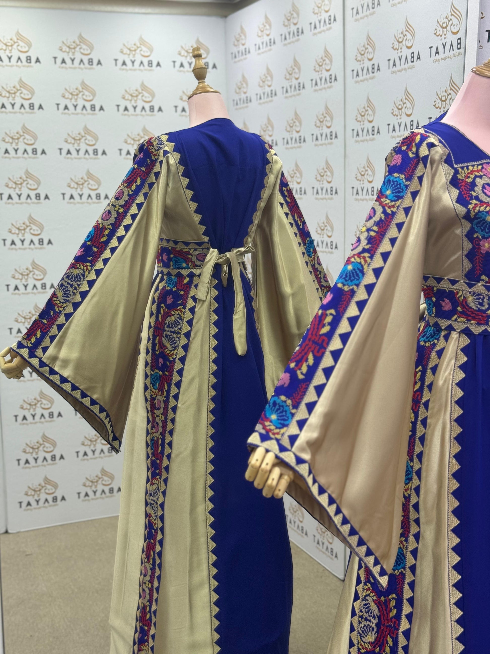 Traditional Palestinian Thobe in Royal Blue with Gold Accents and Multicolor Tatreez