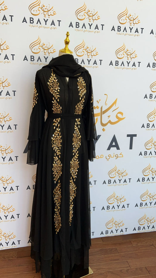 Golden Glamour: Ruffled Crystal Abaya