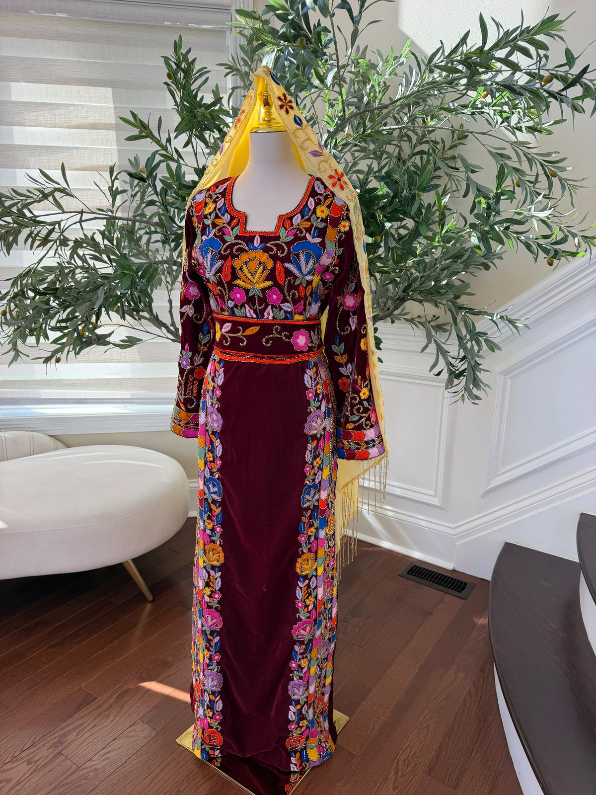 Elegant Burgundy Velvet Palestinian Thobe with Colorful Floral Embroidery – Scarf Not Included
