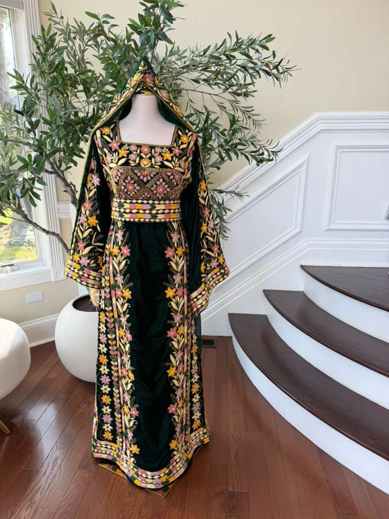 Velvet Green Embroidery Stone Beaded Thobe