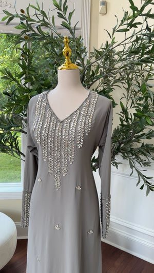 Moonlight Grace – Soft Grey Kaftan with Silver Embellished Design