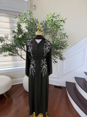 Green Floral Silver Stone Abaya