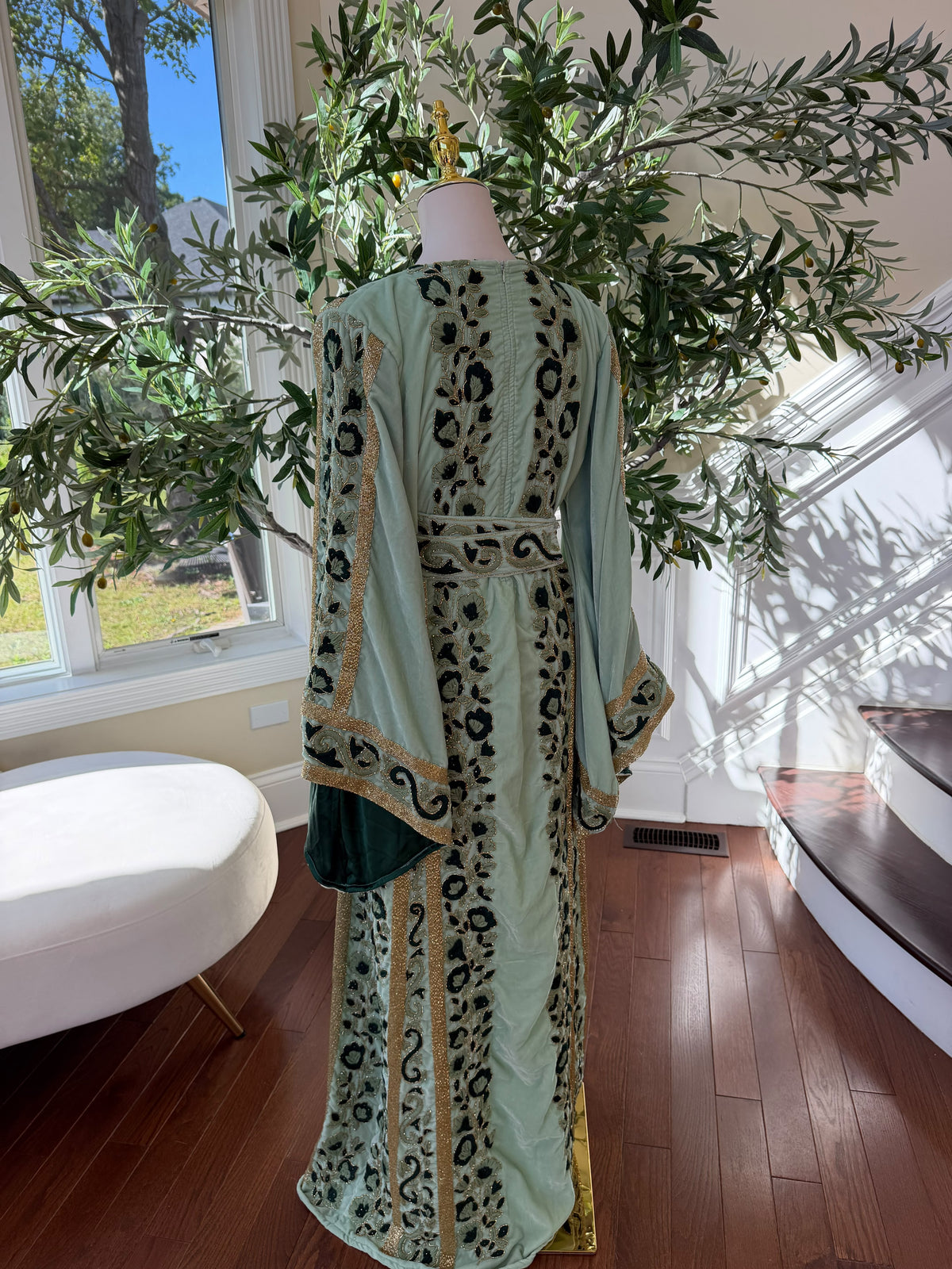 Sage Green & Gold Embroidered Palestinian Thobe (scarf not included)