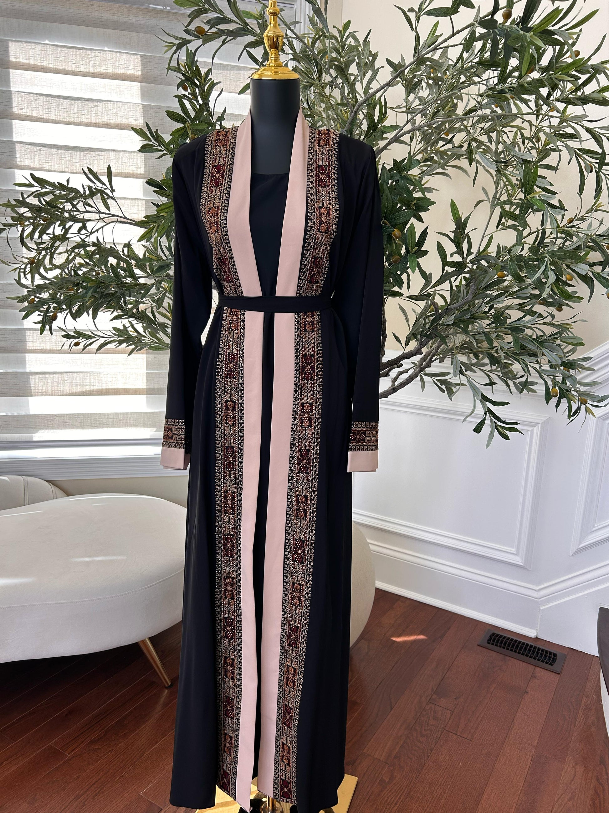 Black Tatreez Embroidered Two Piece Abaya