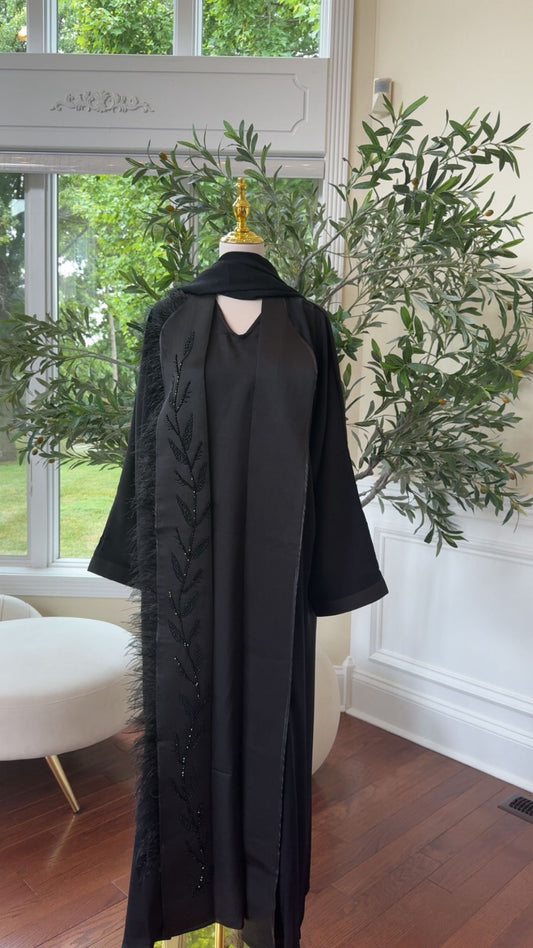 Midnight Elegance – Black Abaya Beaded Ethereal Feather Detail