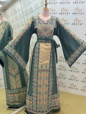 Palestinian Embroidered Thobe – Olive Green with Wide Sleeves