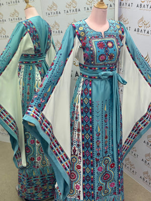 Turquoise & Fuchsia Palestinian Embroidered Thobe – Floral Heritage Design
