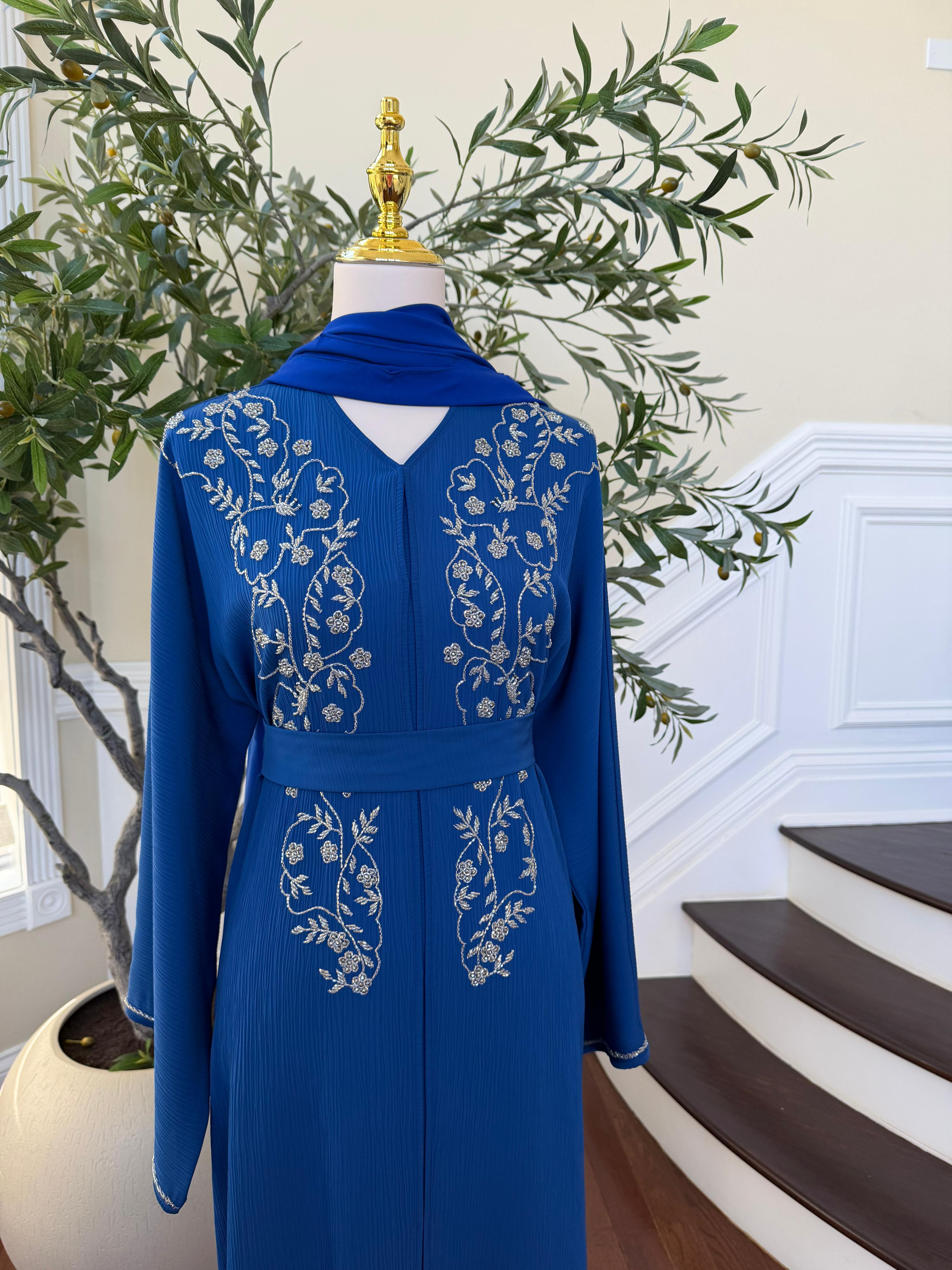 Blue Floral Charm Beaded Abaya