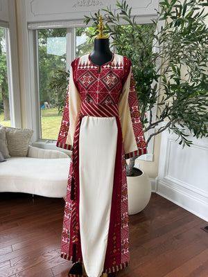 Embroidery Red Tatreez Off White Thobe