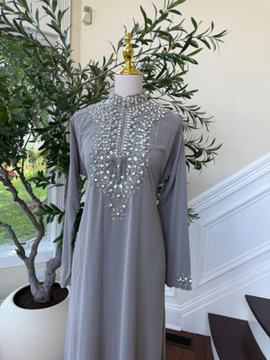Grey Pearl – Luxe High Neck Kaftan with Intricate Beading