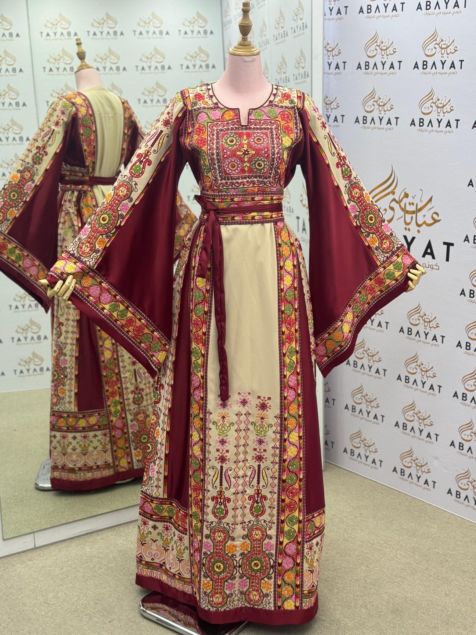 Burgundy & Cream Palestinian Embroidered Thobe – Multicolor Tatreez Maxi Dress with Wide Sleeves”