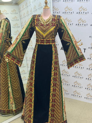 Premium Palestinian Velvet Thobe – Black & Olive Green Embroidery