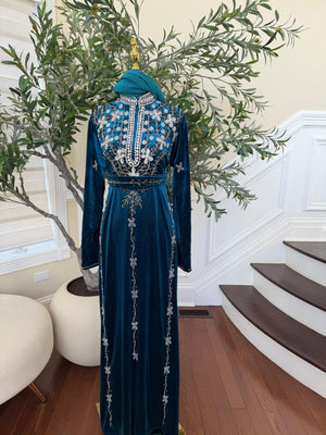 Turquoise Crystal Velvet Design Elegance Abaya