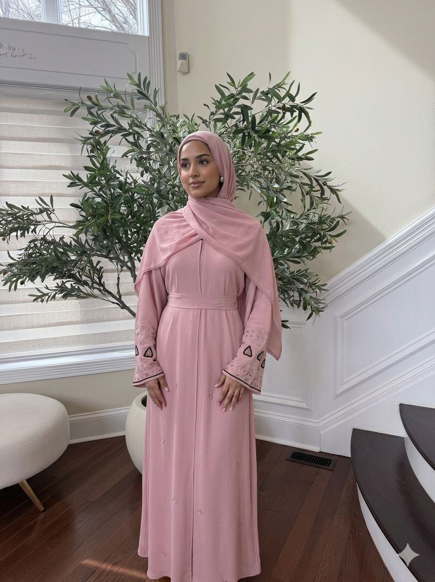 Pink Rose Sleeve Design Beaded Abaya
