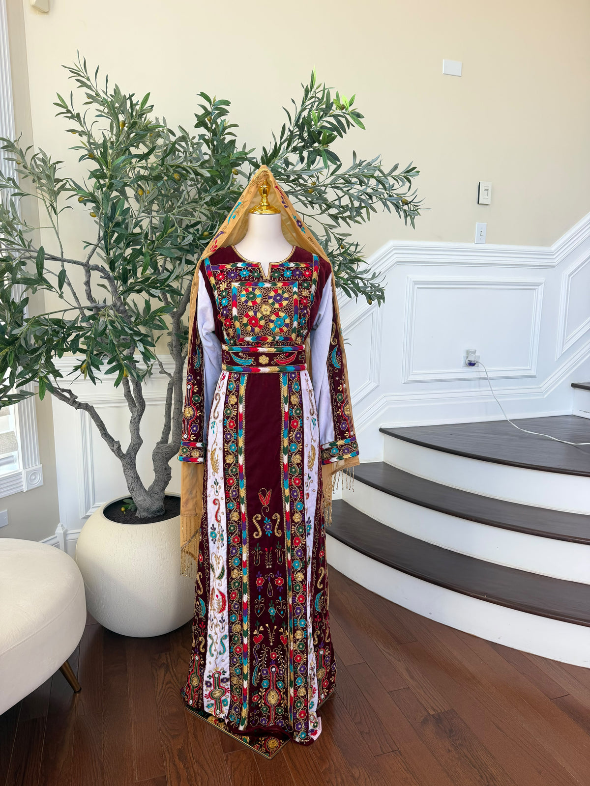 Elegant Burgundy Velvet Thobe with Colorful Embroidery and Matching Skirt included (scarf not included)