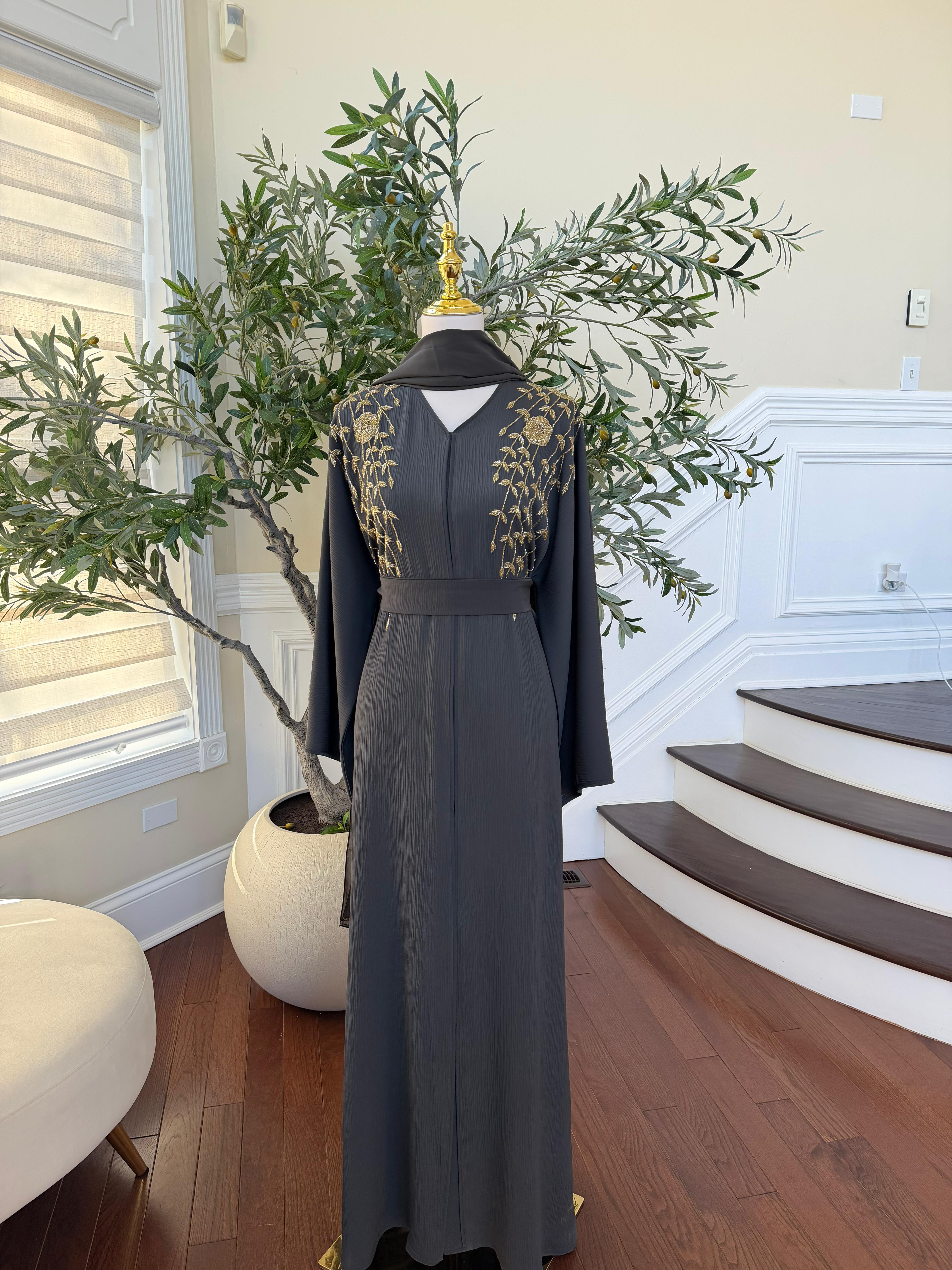 Golden Grey Beaded Floral Abaya