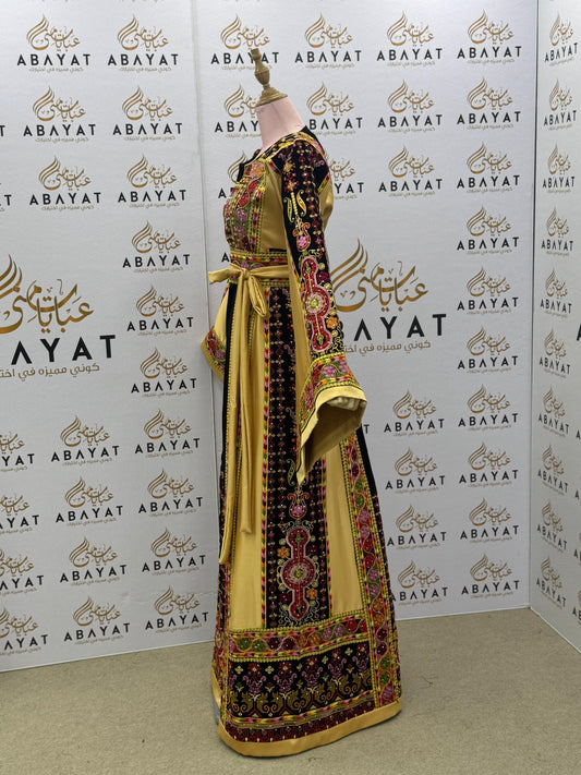 Traditional Palestinian Thobe in Black & Gold with Multicolor Tatreez