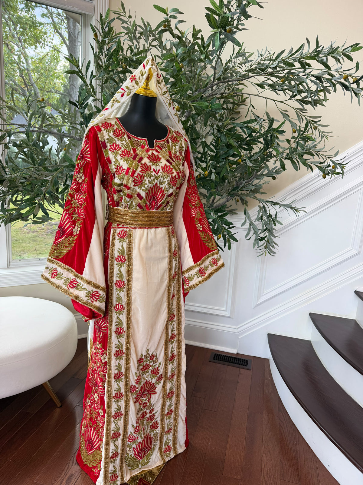 Elegant Cream and Red Thobe with Gold Floral Embroidery(scarf not included)