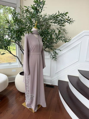 Tan Beaded Elegance Floral Abaya