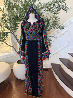 Elegant Navy Blue Velvet Palestinian Thobe with Vibrant Multicolor Floral Embroidery(scarf not included)