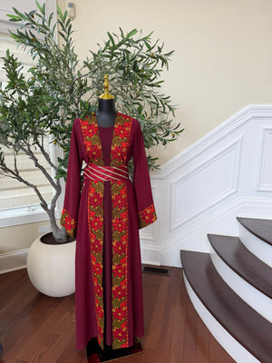 Red Embroidery Floral Tatreez Thobe