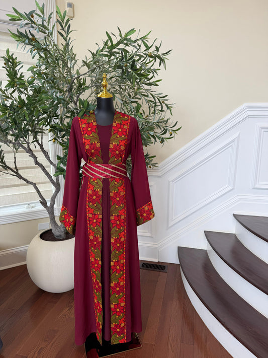 Red Embroidery Floral Tatreez Thobe