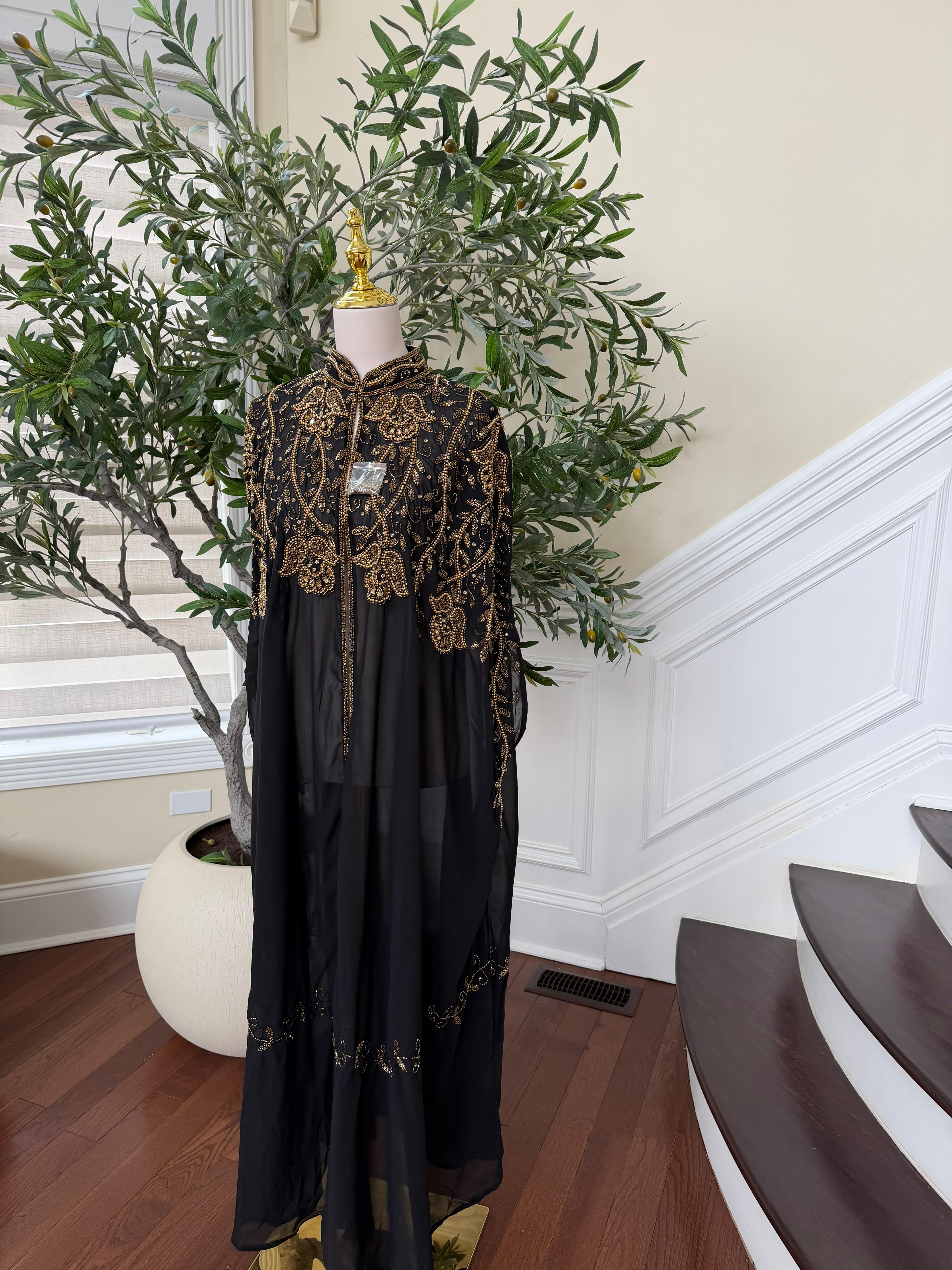 Golden Black Stone Beaded Cardigan Abaya