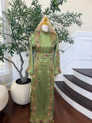 Elegant Sage Green Satin Thobe with Pink Floral Embroidery, Gold Detailing, and Matching Belt( scarf not included)