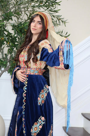 Royal Blue Malaka Handmade Thobe – Luxe Velvet & Intricate Tatreez Skirt and Khirka Shal included