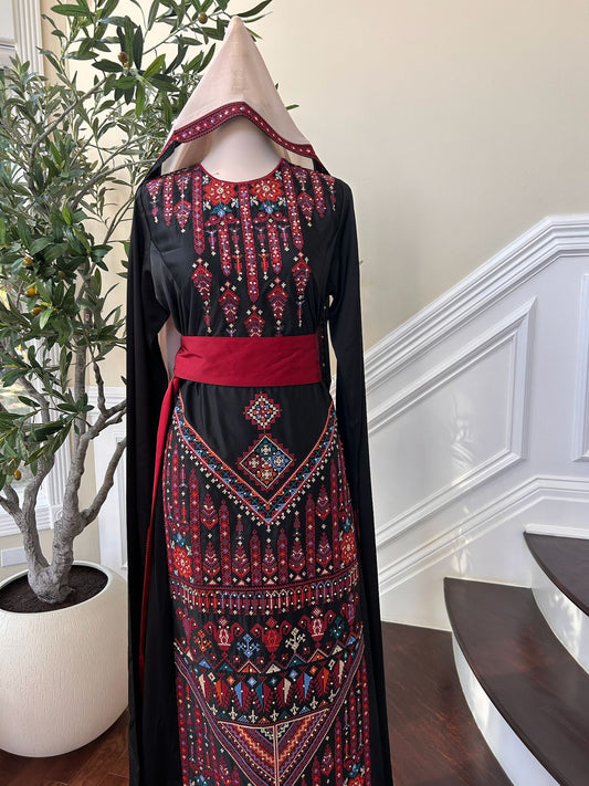 Black Embroidery Red Tatreez Thobe Dress