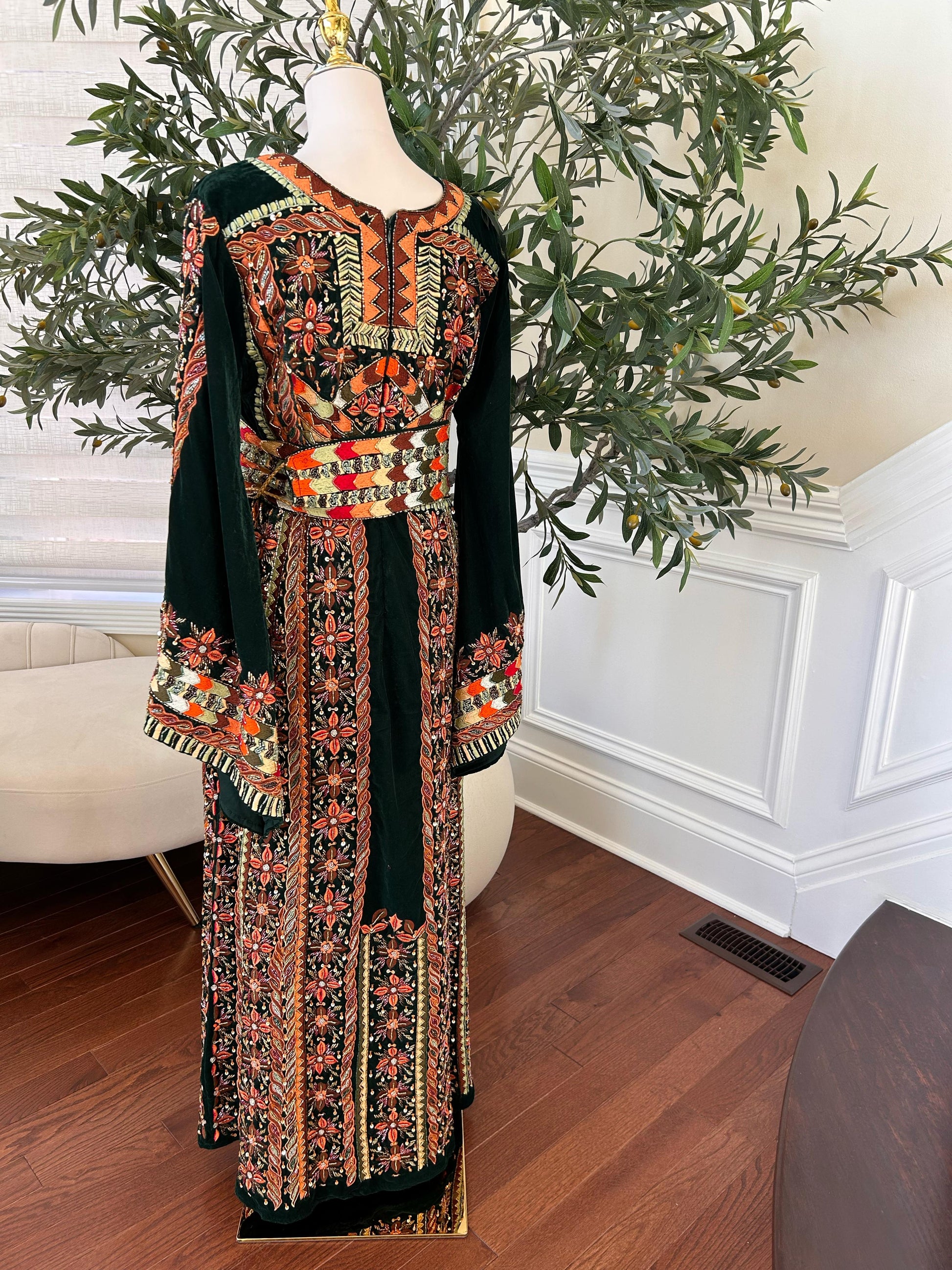 Green Velvet Handmade Embellished Beaded Thobe with Detachable Skirt