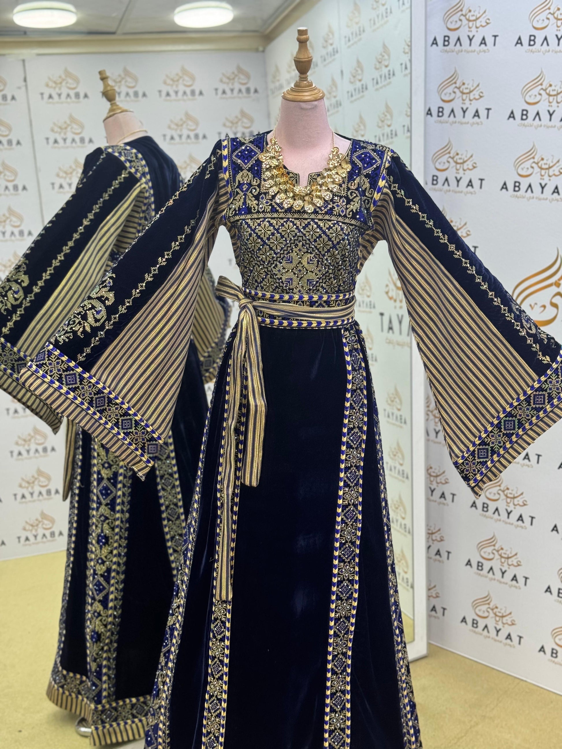 Premier Velvet Palestinian Thobe – Navy with Gold Detailing