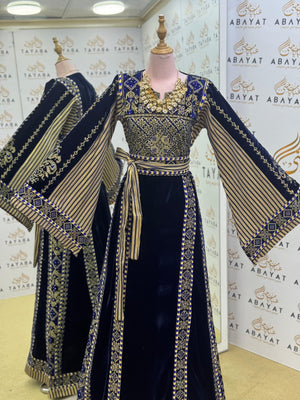 Premier Velvet Palestinian Thobe – Navy with Gold Detailing