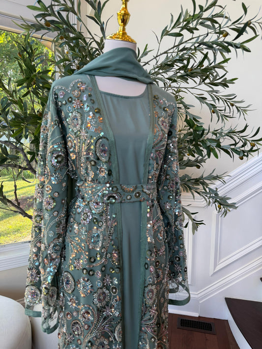 Ocean Sage Sequin Floral Abaya
